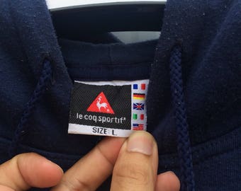 Vtg rare 90s Le Coq Sportif stripe logo hoodies sweatshirt spellout big logo embroidered L size