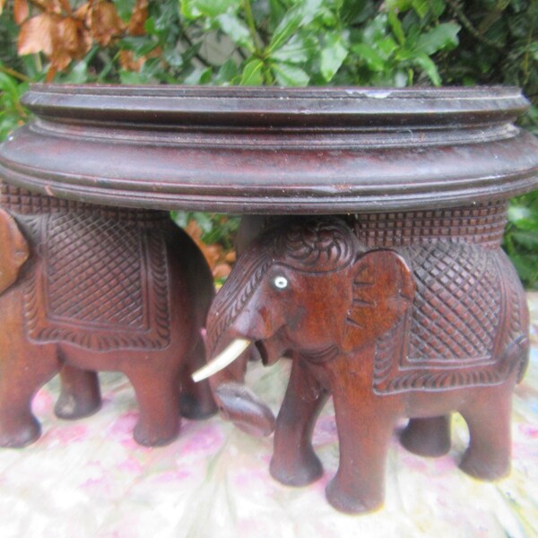 Small Wooden 3 Elephant Hand Carved Vase / Plant Stand .