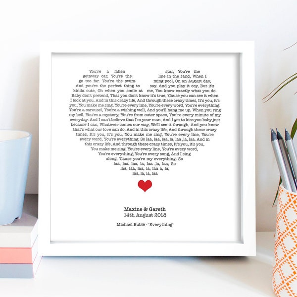 Personalised Heart Lyrics Framed Print | Valentine's Day Gift | For Her | Wife | Anniversary Present | Our Song | First Dance Wedding Gift