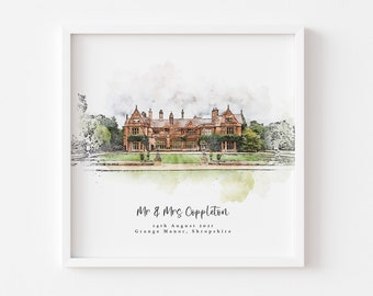 Maßgeschneiderte Hochzeit Ort Porträt Aquarell Skizze personalisierte Jahrestag Hochzeitsgeschenk für das Paar | Personalisiertes Geschenk Weihnachten