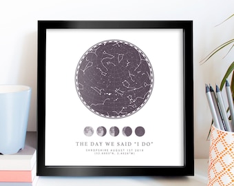 May include: A framed print featuring a star map depicting the night sky on 1st August 2019 in Shropshire, England. The text "THE DAY WE SAID "I DO"" is beneath the map, along with the coordinates (52.6003°N, 2.4026°W).