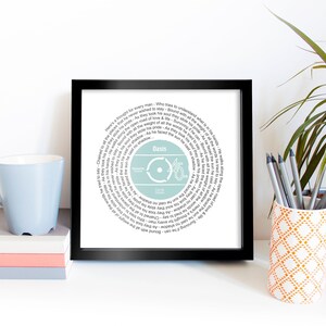 May include: A framed print of a record with the lyrics to the Oasis song "Live Forever" printed in a circle around the record label. The record label is light blue with the band name "Oasis" and the number "45" printed on it.