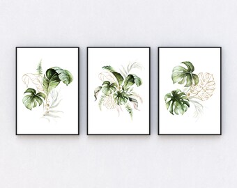 Monstera Wall Art Botanical Print Set of 3, Fern Leaf Palm, Green Leafy Home Decor, Botanical Art Prints