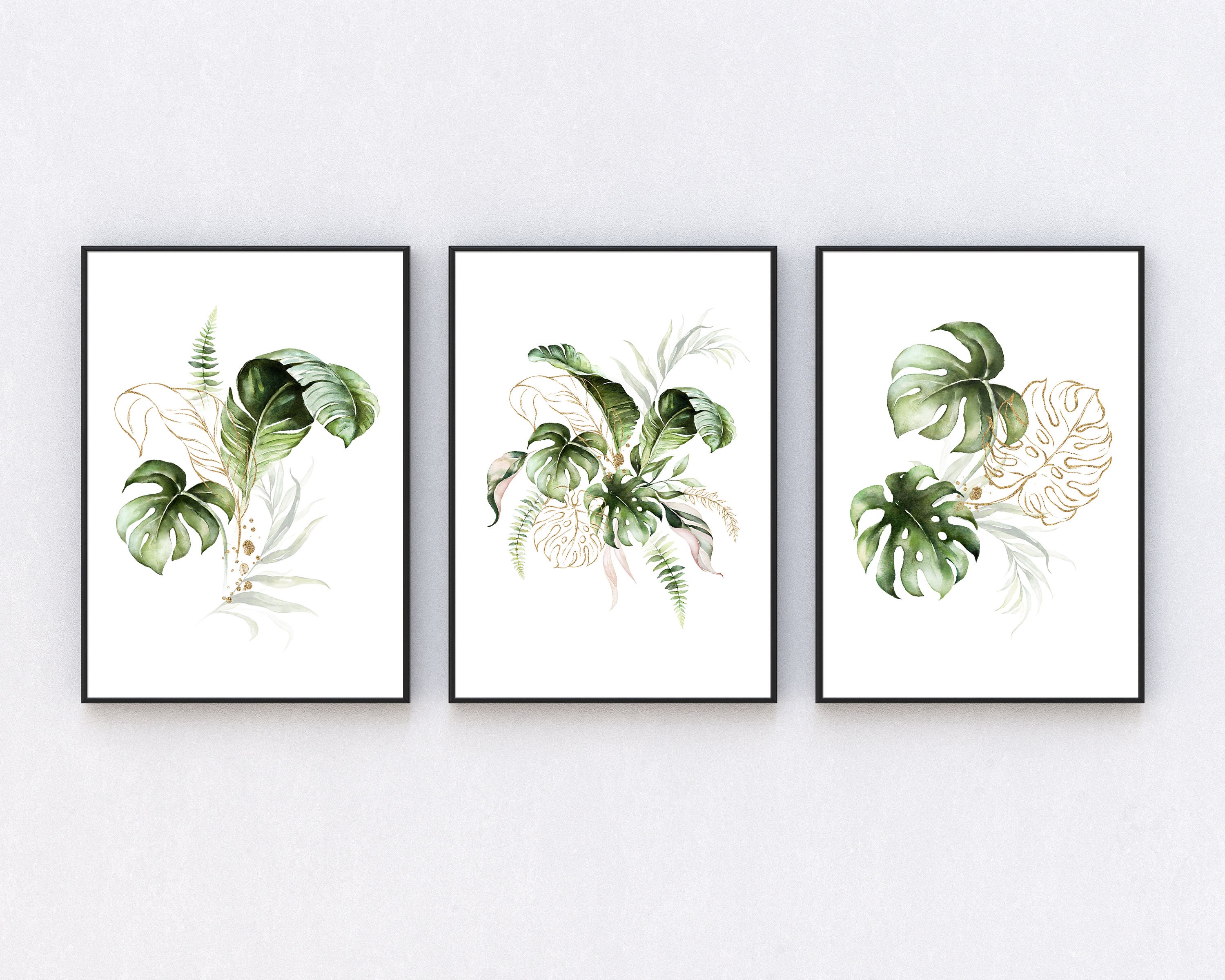 Monstera Wall Art Botanical Print Set of 3, Fern Leaf Palm, Green Leafy ...