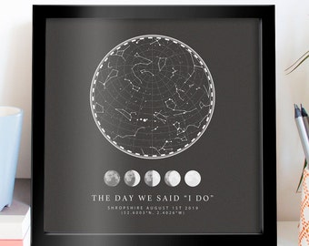 May include: A black framed print with a grey background featuring a star map with a white circle around it. The text "THE DAY WE SAID "I DO"" is below the star map, along with the location "SHROPSHIRE AUGUST 1ST 2019 (52.6003°N, 2.4026°W)".
