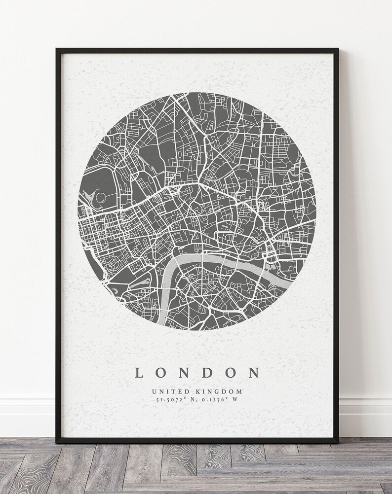 Personalised City Map Any Location Map Gift Map Wall Art Valentine's GiftValentine's Gift Christmas Grey