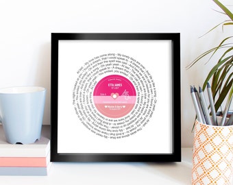 Vinyl Record Unframed Print Personalised Label - Mother's Day Gift wedding first dance, your song, anniversary romantic birthday song lyrics