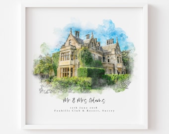 Personalised Watercolour Wedding Venue Portrait - Wedding Gift - Anniversary Gift - Happy couple - Mr Mrs - Digital Art - Venue Watercolor