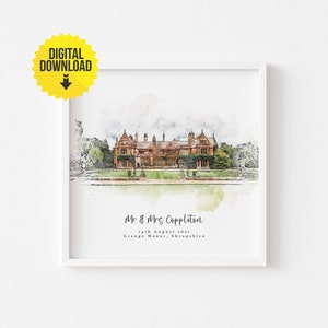 Maßgeschneiderte Hochzeit Ort Porträt Aquarell Skizze personalisierte Jahrestag Hochzeitsgeschenk für das Paar Digitaler Download Version