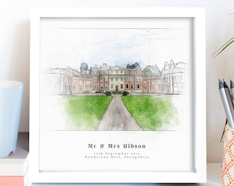 Maßgeschneiderte Hochzeit Ort Porträt Aquarell Skizze personalisierte Jahrestag Hochzeitsgeschenk für das Paar | Personalisiertes Geschenk Weihnachten