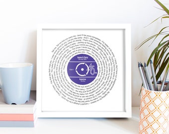 Record Print With Lyrics / Personalised Music Gift / Any Song / Any Artist unframed