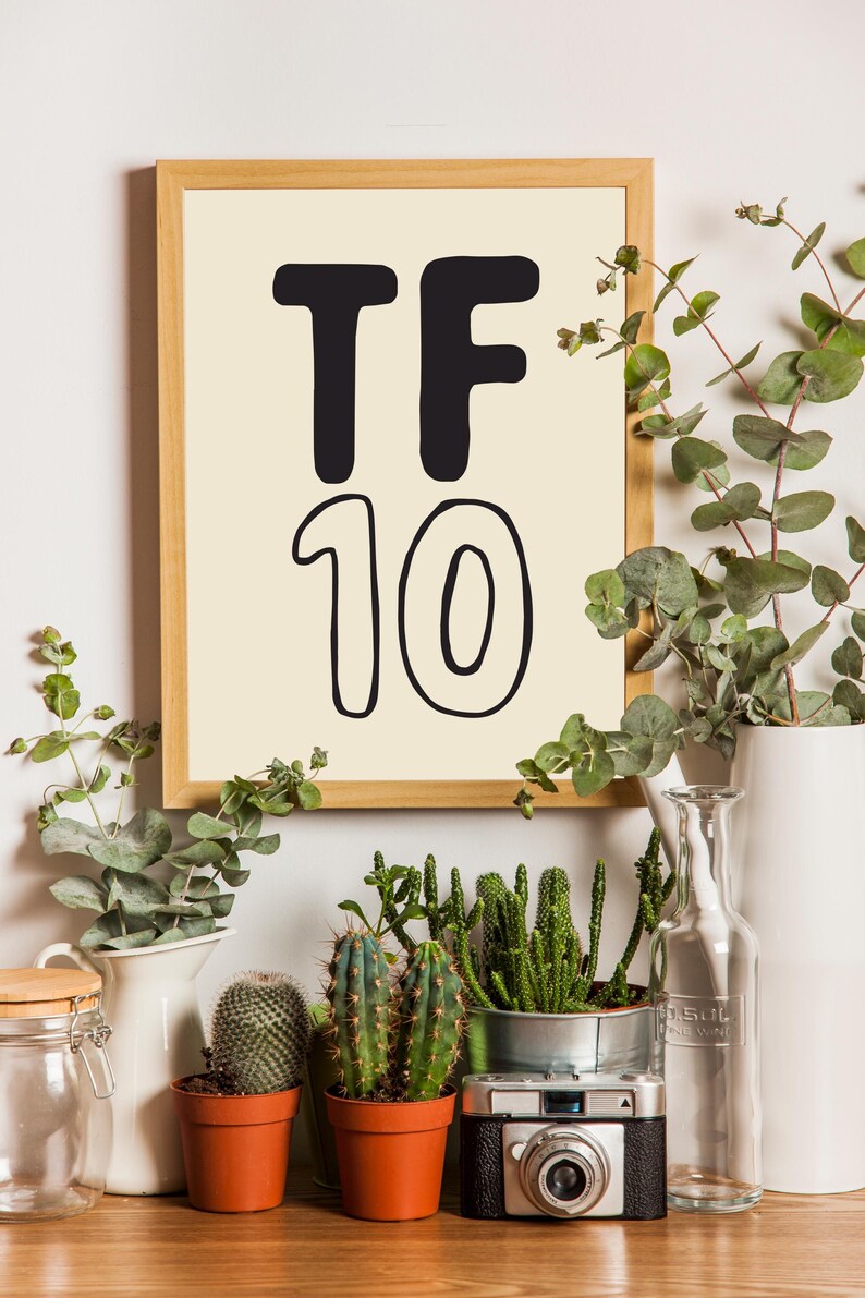 Pode incluir: Uma impress&atilde;o emoldurada com o texto "TF 10" em letras pretas sobre um fundo creme. A impress&atilde;o &eacute; cercada por uma moldura de madeira clara e &eacute; exibida em uma prateleira com v&aacute;rias plantas e uma c&acirc;mera.