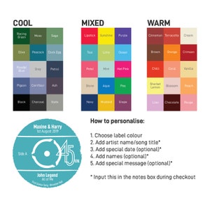 May include: A chart with color swatches for a wedding record label. The chart is divided into three sections: Cool, Mixed, and Warm. Each section has a grid of color swatches with names like Racing Green, Teal, and Cinnamon. The chart also includes instructions on how to personalize the record label, including choosing a label color, adding artist names, and adding a special date.