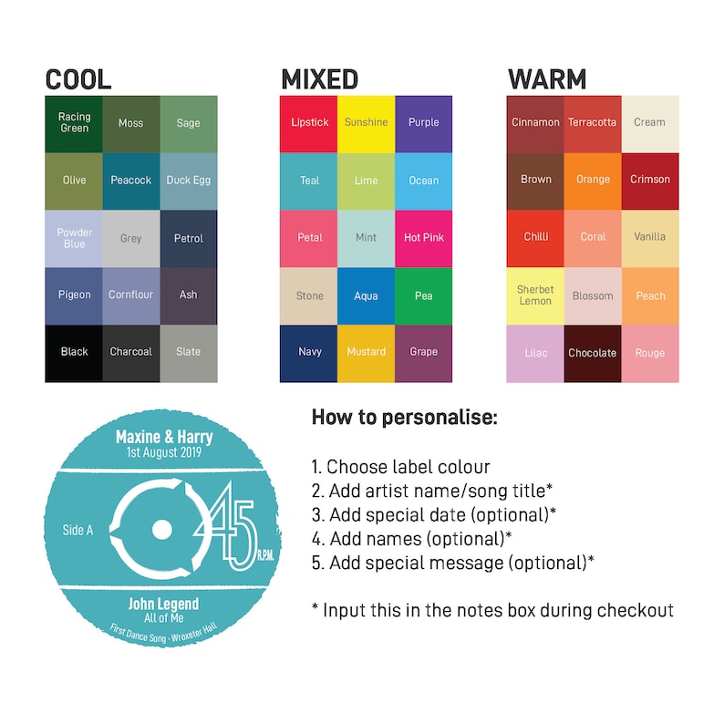 May include: A chart with color swatches for a wedding record label. The chart is divided into three sections: Cool, Mixed, and Warm. Each section has a grid of color swatches with names like Racing Green, Teal, and Cinnamon. The chart also includes instructions on how to personalize the record label, including choosing a label color, adding artist names, and adding a special date.