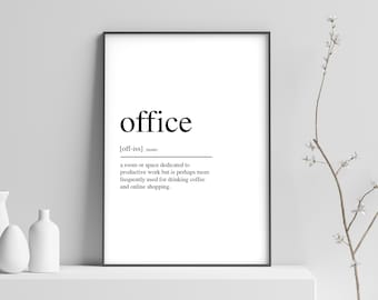 May include: Black and white printable wall art with the definition of the word "office" in a minimalist style.
