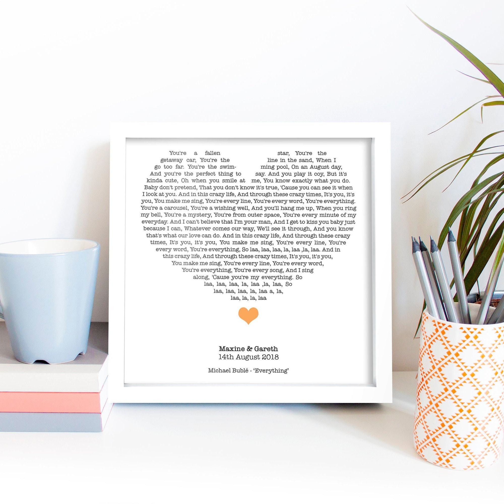 PERSONALISED ANNIVERSARY GIFT Any Song Lyrics Poem Words As HEART PRINT 