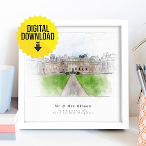 Maßgeschneiderte Hochzeit Ort Porträt Aquarell Skizze personalisierte Jahrestag Hochzeitsgeschenk für das Paar Digitaler Download Version