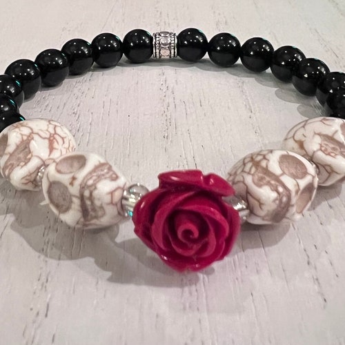 Best Seller: Dia de los Muertos bracelet, Day of the Dead, skull and rose jewelry, Halloween stretch bracelet