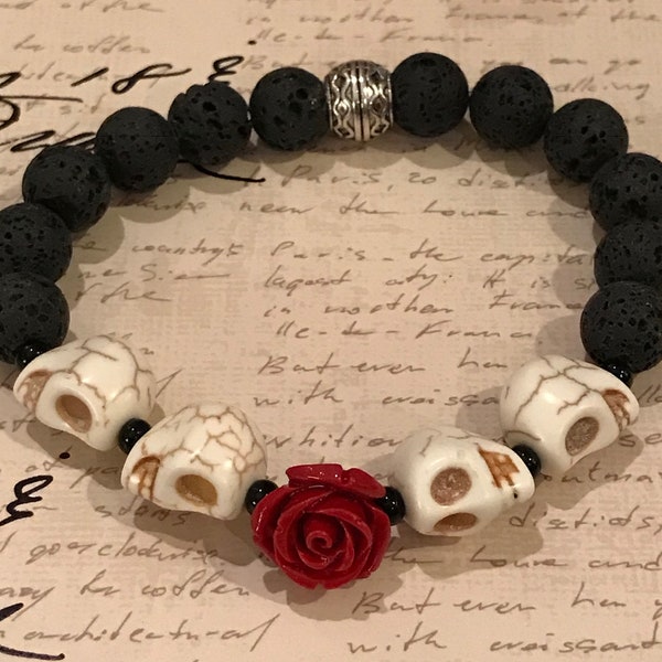 Dia de los Muertos, Skull and Rose, lava bead stretch bracelet