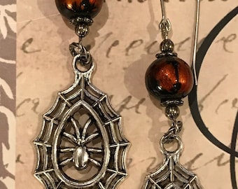 Spider Web dangle earrings, black/orange luster beads