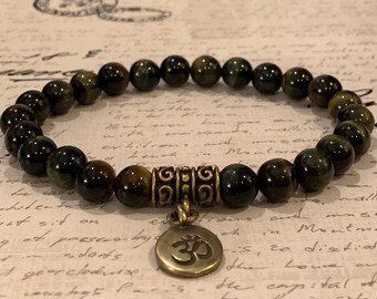 Blue Tiger Eye + Om Wrist Mala