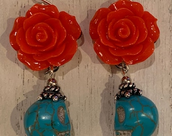 Dia de los Muertos Rose + Skull Dangle Earrings