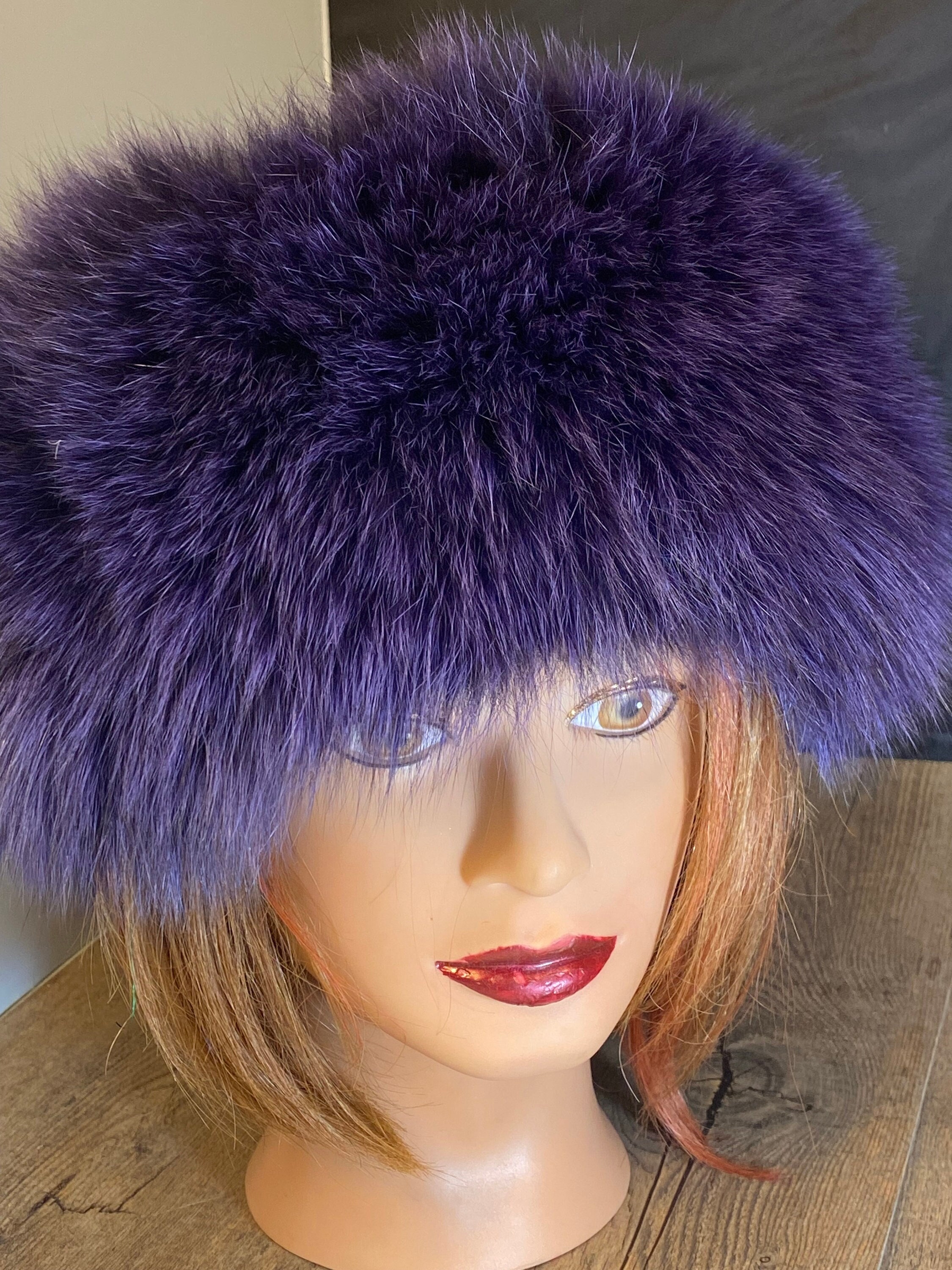 Purple Fox Headband with velcro closure Purple FOX Fur Headband, Recycled Fur, Adjustable Head  main image 4