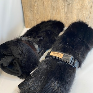 Long mittens, outdoor mittens, RETURNED SHEEP fur inside and black fur on the top, leather braids.