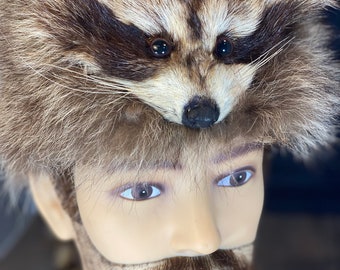 Cappello di pelliccia in stile DAVY CROCKET in procione canadese con testa e coda. Immergiti nella leggenda! Cappello di lusso.