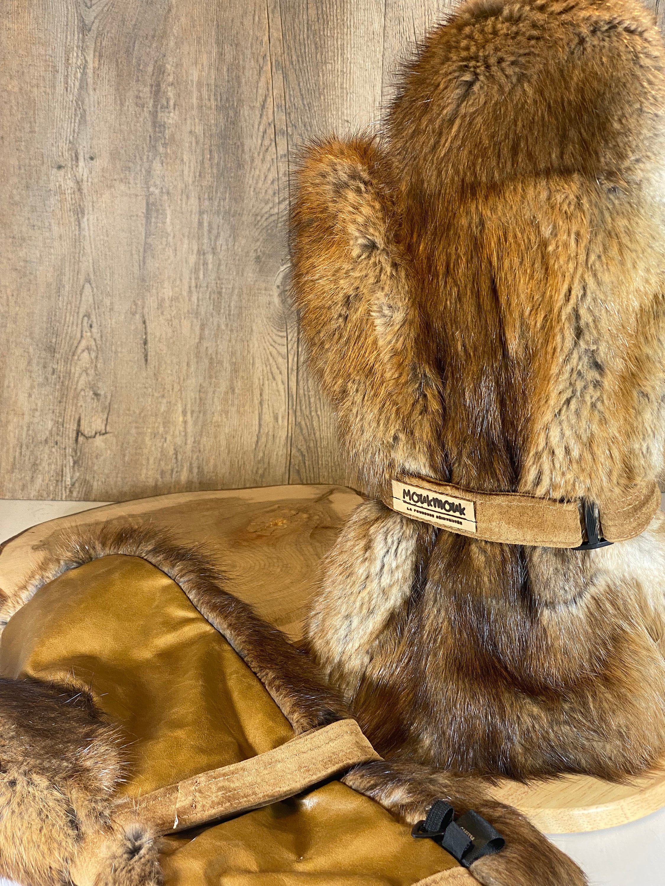 Long Mittens, Real Recycled Fur, Muskrat, Fur Thumbs, Leather