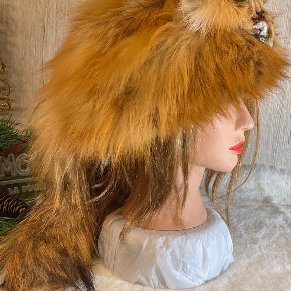 COMME CA クロップド フーディ ラビット ラムレザー リアルファー Red Fox Fur Trapper Hat With Head and Tail, Davy Crocket Style