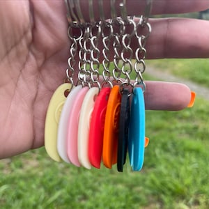 May include: A collection of keychains with oval-shaped, colorful plastic tags. The tags are in various colors, including yellow, white, pink, red, orange, black, and blue, each attached to a silver chain and keyring. The background is blurred green grass.