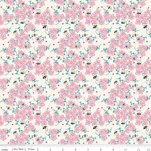 May include: A white fabric with a repeating pattern of pink flowers, green vines, and yellow and black bees. The background is a light cream color with a subtle honeycomb pattern.