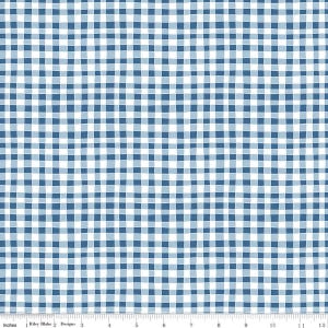 May include: Blue and white gingham fabric with a hand-drawn look. The fabric is marked with inches along the bottom edge. The text "Riley Blake Designs" is visible.