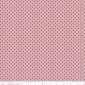 May include: A fabric with a repeating pattern of red diamonds outlined in white. The diamonds are arranged in a grid-like formation, creating a textured appearance. The fabric is suitable for various sewing and crafting projects.