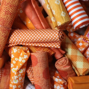 Bits and Pieces Surprise - HALF DOZEN - Shades of Orange  - Bundle of Six - Scraps -Sizes vary from 6 x 10 - 12 x 13 - 100% cotton fabric