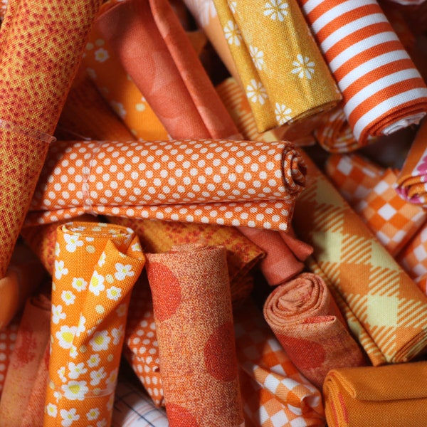 Bits and Pieces Surprise - HALF DOZEN - Shades of Orange  - Bundle of Six - Scraps -Sizes vary from 6 x 10 - 12 x 13 - 100% cotton fabric