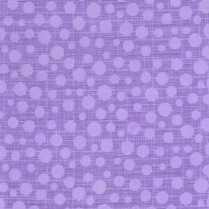 May include: Purple fabric with a white polka dot pattern. The dots are of varying sizes and are scattered randomly across the fabric.