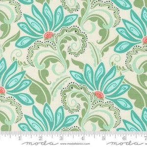 May include: A white fabric with a repeating pattern of teal blue and green floral designs. The fabric has a subtle texture and a light, airy feel.