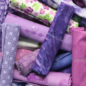 Bits and Pieces Surprise - HALF DOZEN - Shades of Purple - Bundle of Six - Scraps - Sizes vary from 6 x 10 - 12 x 13 - 100% cotton fabric