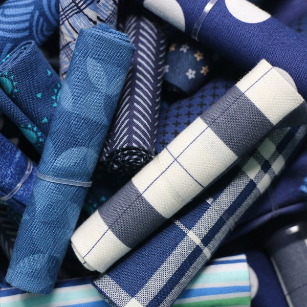 Bits and Pieces Surprise - HALF DOZEN - Shades of Blue/Navy - Bundle of Six - Scraps - Sizes vary from 6 x 10 - 12 x 13 - 100% cotton fabric