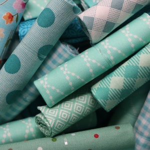 Bits and Pieces Surprise - HALF DOZEN - Shades of Teal (Aqua) - Bundle of Six - Scraps - Sizes from 6 x 10 - 12 x 13 - 100% cotton fabric