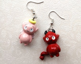 Retro Cartoon Angel and Devil Handmade Resin BFF Gift Earrings Set