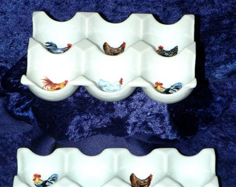 Chicken cockrel rooster design Ceramic 6 or 12 egg holder egg tray 2 sizes