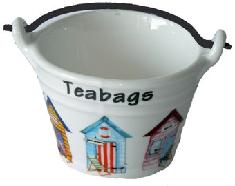 Beach Huts teabag tidy, bucket shaped -  porcelain bucket shaped teabag tidy