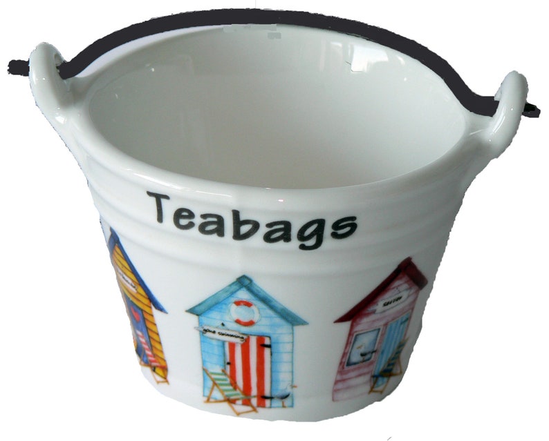Beach Huts teabag tidy, bucket shaped porcelain bucket shaped teabag tidy image 1