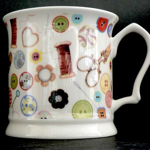 Sewing design large mug, Bone China tankard