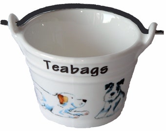 Dogs small teabag tidy, bucket shaped -  porcelain bucket shaped teabag tidy