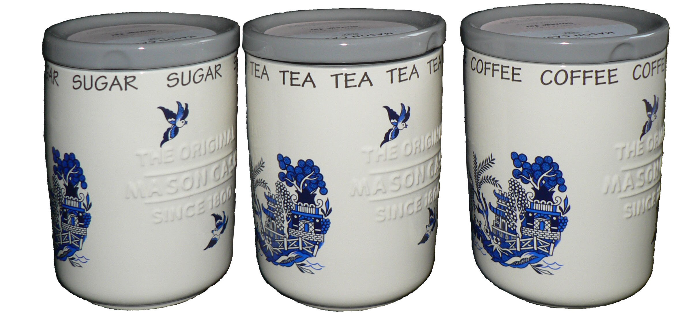 Blue Willow Ceramic Tea Sugar Coffee Storage Jars -Set of canisters with  Blue Willow Pattern All Round