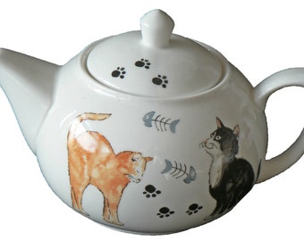 Cats Design one Cup teapot. Ceramic teapot for just 1 Person